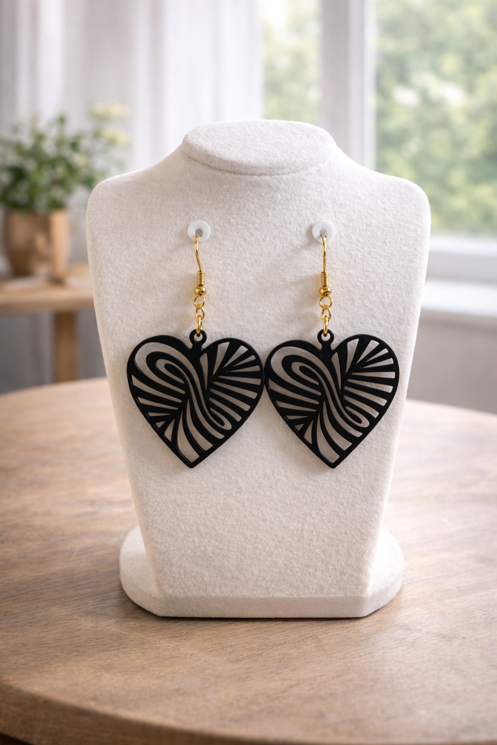 Black Swirl Heart Dangle Earrings